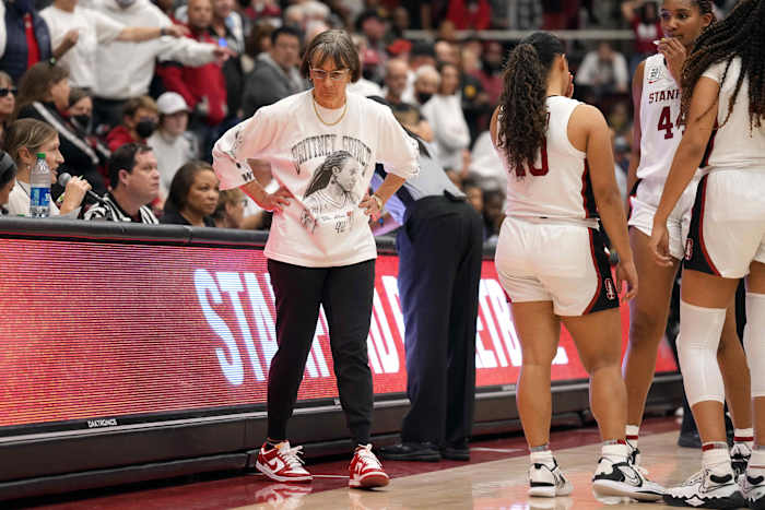Nov 20, 2022; Stanford, California, USA; Stanford Cardinal head coach Tara VanDerveer reacts after an illegal time out was called against the South Carolina Gamecocks during overtime at Maples Pavilion. Mandatory Credit: Darren Yamashita-USA TODAY Sports